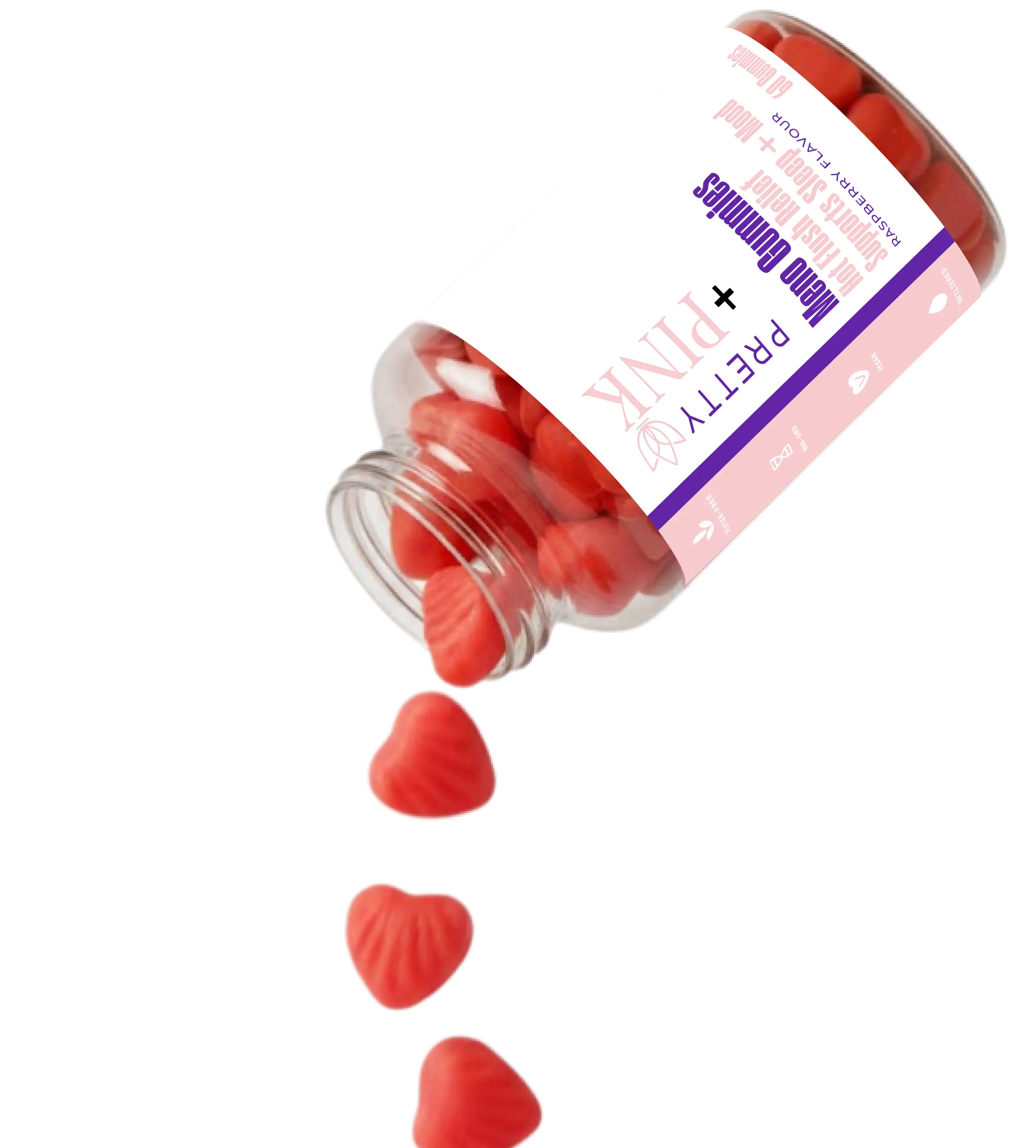 Red gummy bears spilling out of a container labeled 'Pillsbury' on a white background