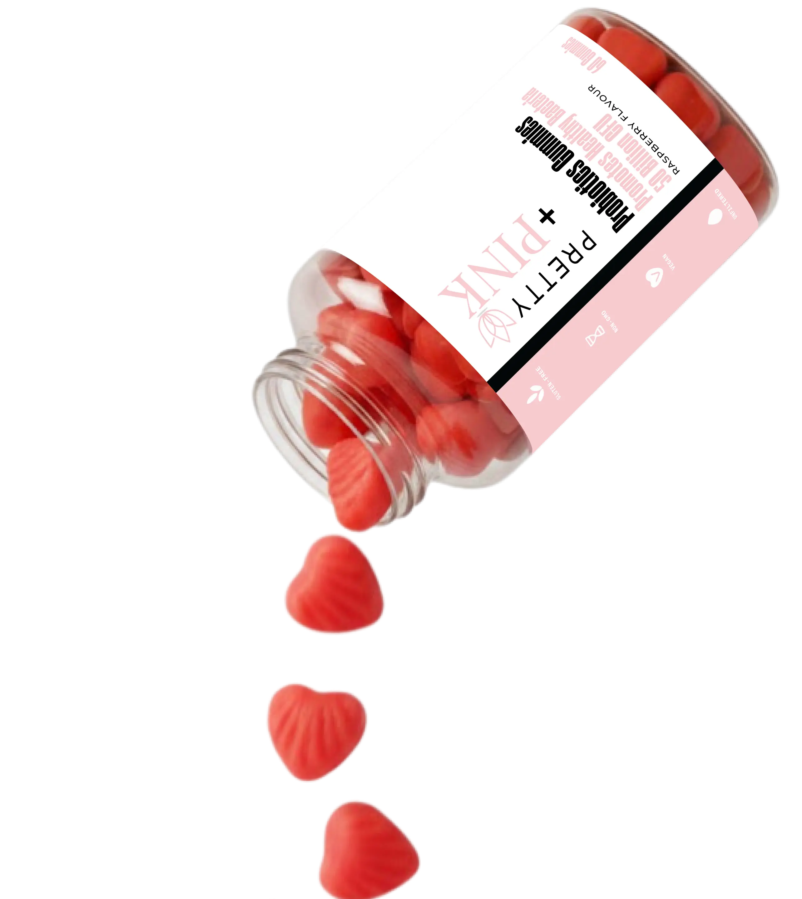 Red heart-shaped candies spilling out of a pink container labeled 'Pretty Plus'.